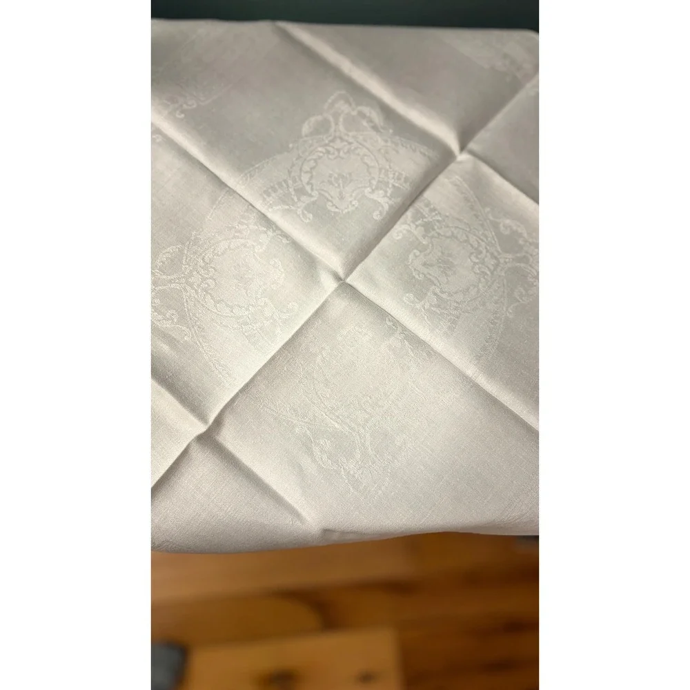 Vintage White Damask Napkins Hemstitched Fleur de Lis European Linen Set of 6